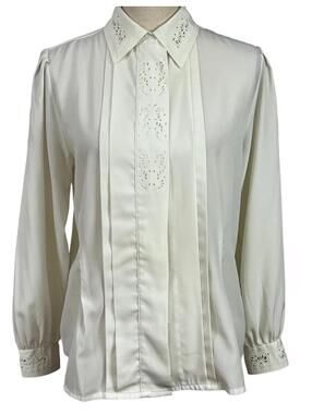 Vintage 80s White Blouse Eyelet Lace Collar Yves St Clair Button Up